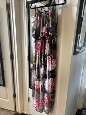 Sweet Storm Gray Maxi Dress with Pink Floral Accents